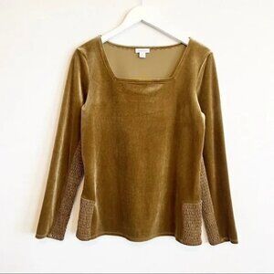 Sundance Square Neck Elena Long Sleeve Smocked Velvet Sweater Blouse Top Gold